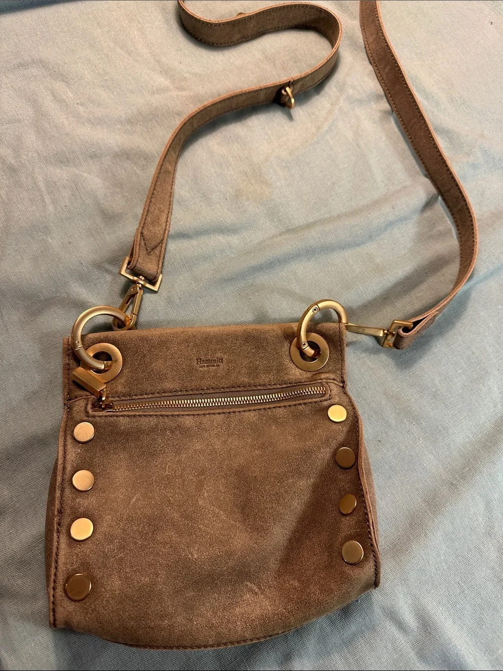 Hammitt Taupe Suede Crossbody with Gold Studs